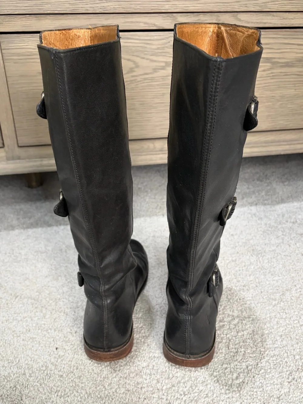Frye Paige Tall Leather Riding Boots, Women’s 8.5 Black 3 Buckle Boots